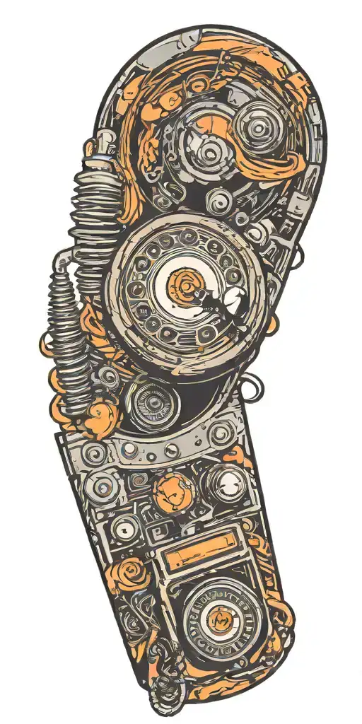 old school dial phone, music speakers, and record player tornado melting  tattoo design idea