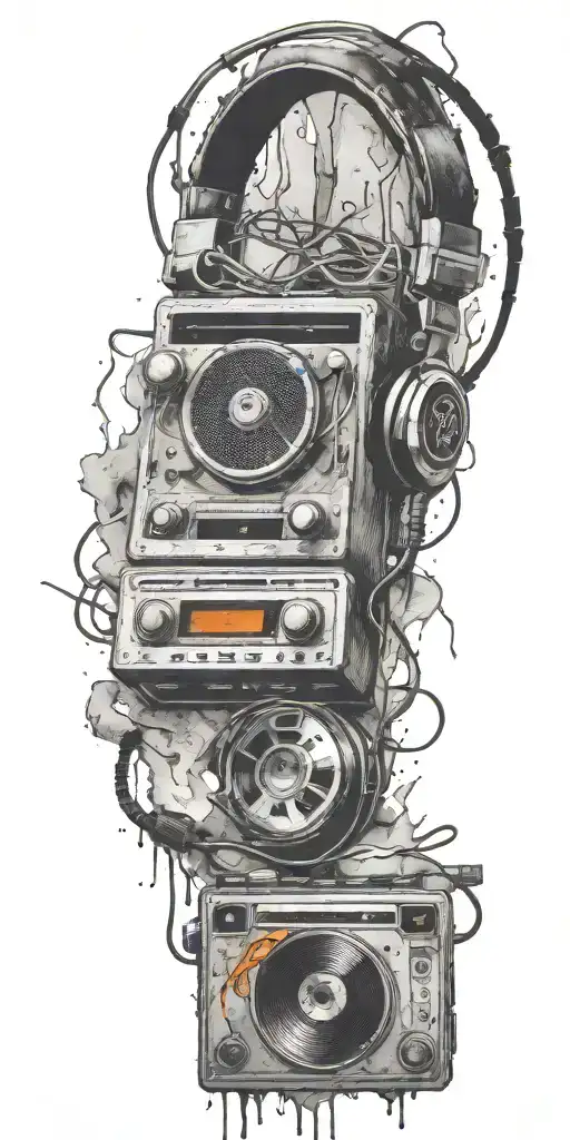 frozen audio cassette tape, headphones, guitar thunder storm  tattoo design idea