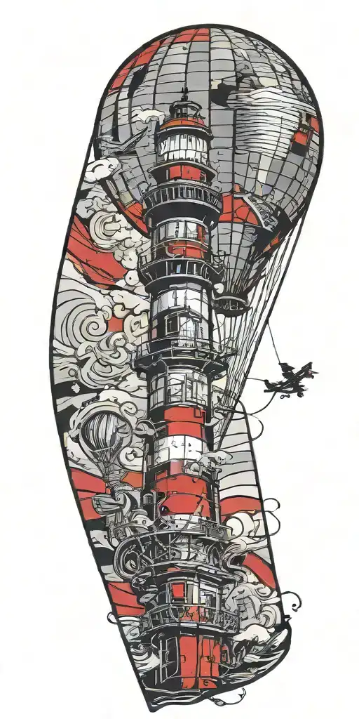 lighthouse hot air balloon and a banner plane a tornado  tattoo design idea