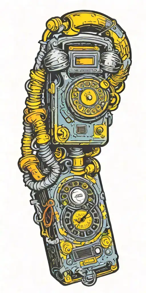 trippy old school dial phone, music speakers, and record player tornado melting  tattoo design idea