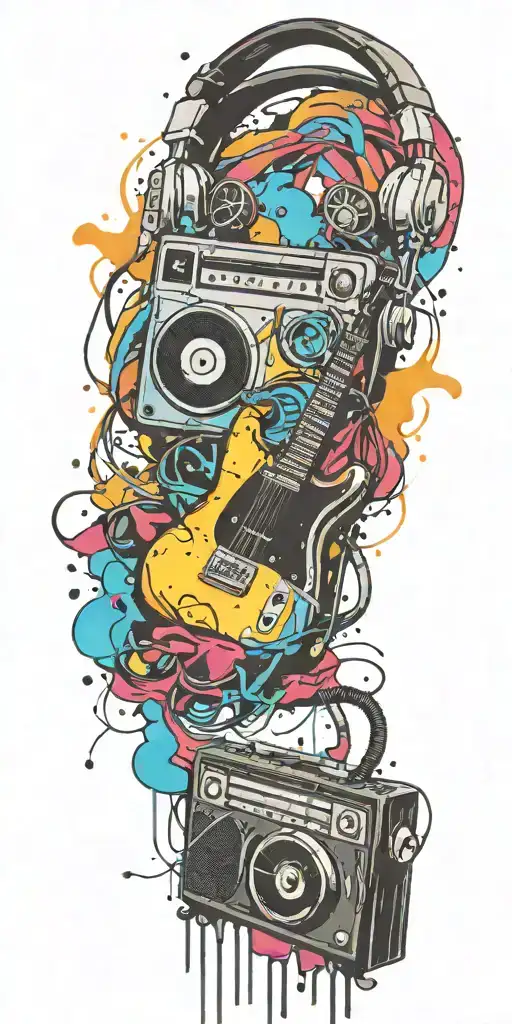 cassette tape, headphones, guitar bomb exploding tattoo design idea
