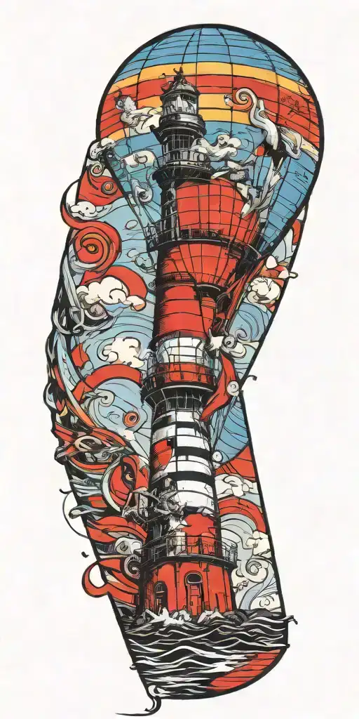 lighthouse and hot air balloon never give up in a tornado  tattoo design idea