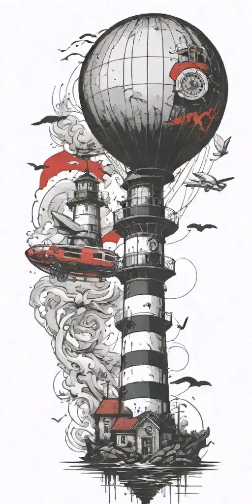 lighthouse and a blimp symbolizing never give up in a tornado  tattoo design idea
