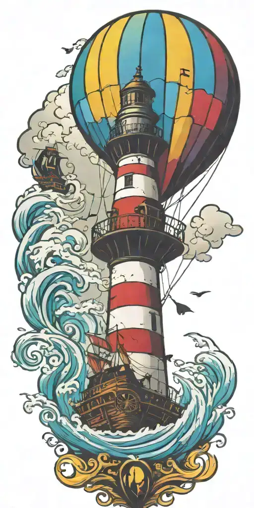 lighthouse pirate ship and a hot air balloon in a tornado  tattoo design idea
