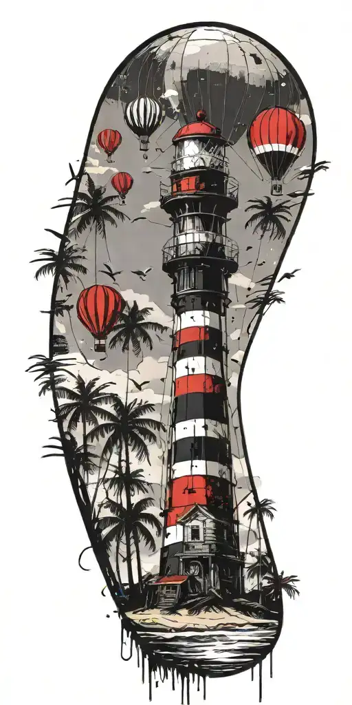 light house beach scene with palm trees and hot air balloons  tattoo design idea