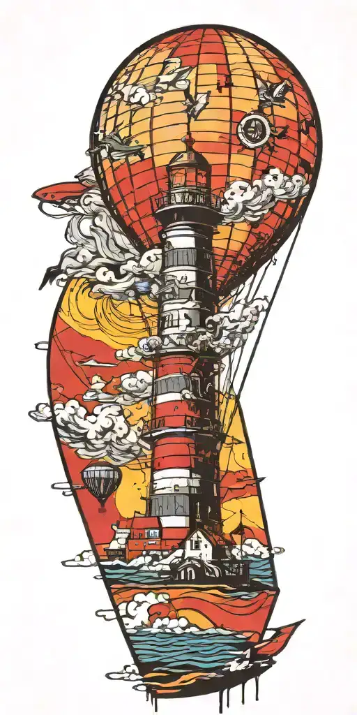 lighthouse hot air balloon and a banner plane a tornado  tattoo design idea