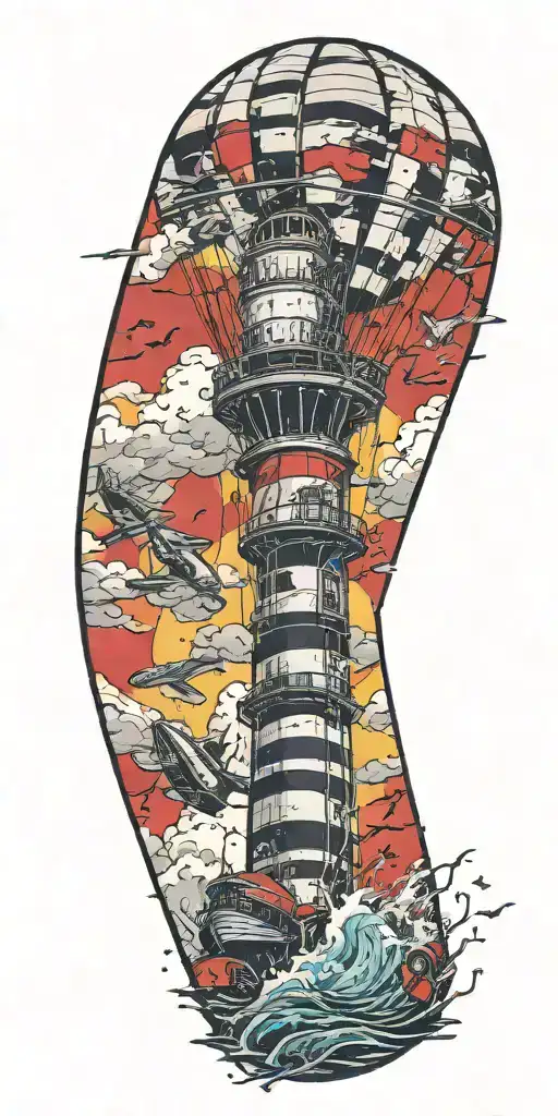 hot air balloon, lighthouse, and ship wreck in a tidal wave tattoo design idea