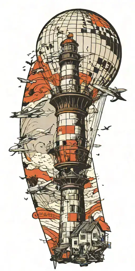 lighthouse hot air balloon and a banner plane a tornado  tattoo design idea