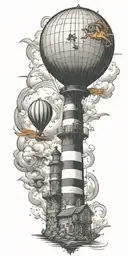 lighthouse and hot air balloo symbolizing never give up in a tornado  tattoo design idea