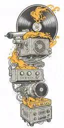 tornado of rock music record player, concert speakers, microphone  tattoo design idea