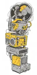 tornado of rock music record player, concert speakers, microphone  tattoo design idea