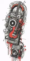Grenade, cassette tape, headphones, guitar thunder storm  tattoo design idea
