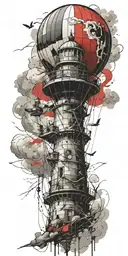 hot air balloon lighthouse in a tornado never give up tattoo design idea