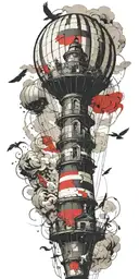 hot air balloon lighthouse in a tornado never give up tattoo design idea
