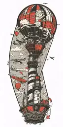 lighthouse hot air balloon and a banner plane a tornado  tattoo design idea