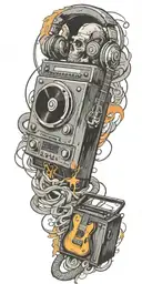 record player playing, headphones, and guitar in a tornado tattoo design idea