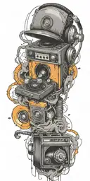 record player playing, headphones, and guitar in a tornado tattoo design idea
