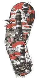 light house beach scene with palm trees and hot air balloons  tattoo design idea