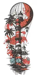 light house beach scene with palm trees and hot air balloons  tattoo design idea