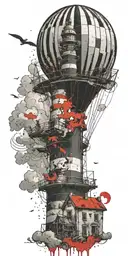 hot air balloon and lighthouse in a tornado never give up tattoo design idea