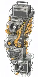 record player, headphones, guitar thunder storm  tattoo design idea