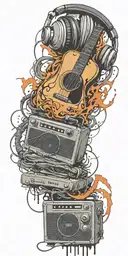 record player, headphones, guitar thunder storm  tattoo design idea