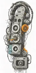 frozen audio cassette tape, headphones, guitar thunder storm  tattoo design idea