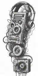 frozen audio cassette tape, headphones, guitar thunder storm  tattoo design idea
