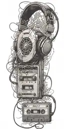 frozen cassette tape, headphones, guitar thunder storm  tattoo design idea