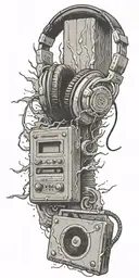 frozen cassette tape, headphones, guitar thunder storm  tattoo design idea