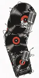 tornado of rock music record player, concert speakers, microphone  tattoo design idea