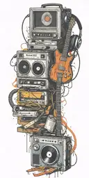 opened can of guitar, record player, cassette tape headphones smushed together  tattoo design idea