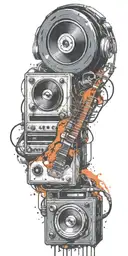 opened can of guitar, record player, cassette tape headphones smushed together  tattoo design idea