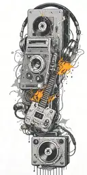 frozen audio cassette tape, headphones, guitar thunder storm  tattoo design idea