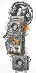 frozen audio cassette tape, headphones, guitar thunder storm  tattoo design idea