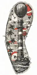 light house beach scene with palm trees and hot air balloons  tattoo design idea
