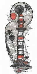 light house beach scene with palm trees and hot air balloons  tattoo design idea