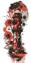 light house beach scene with palm trees and hot air balloons  tattoo design idea