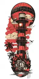 light house beach scene with palm trees and hot air balloons  tattoo design idea