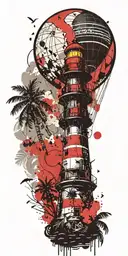 light house beach scene with palm trees and hot air balloons  tattoo design idea