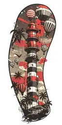 light house beach scene with palm trees and hot air balloons  tattoo design idea