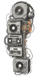 blues guitar, record player, cassette tape headphones  in a tornado tattoo design idea