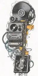 blues guitar, record player, cassette tape headphones  in a tornado tattoo design idea