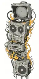 record player, headphones, guitar thunder storm  tattoo design idea