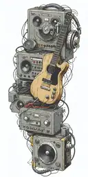 record player, headphones, guitar thunder storm  tattoo design idea