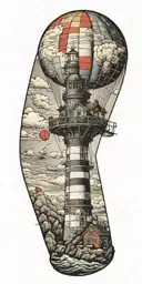 hot air balloon and a lighthouse in hurricane  tattoo design idea