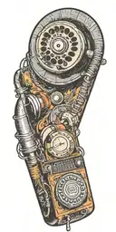 old school dial phone, microphone, record player spinning tattoo design idea