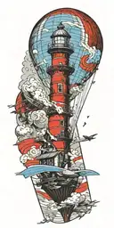 lighthouse hot air balloon and a banner plane a tornado  tattoo design idea