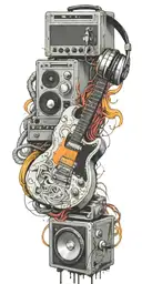 opened can of guitar, record player, cassette tape headphones twisted toget tattoo design idea