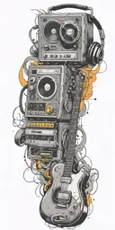 opened can of guitar, record player, cassette tape headphones twisted toget tattoo design idea